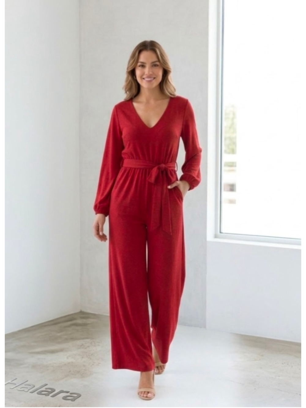 Women's Halara Red Long Sleeve V-Neck Jumpsuit Size Large zcadual Chic